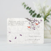 Lila und Korallenliebvögel Hochzeit RSVP (Stehend Vorderseite)
