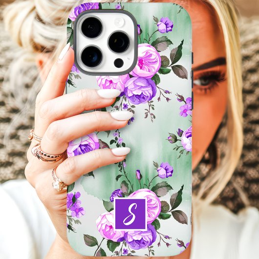 Lila und Lavendel-Monogramm-Blumenmuster Case-Mate iPhone Hülle