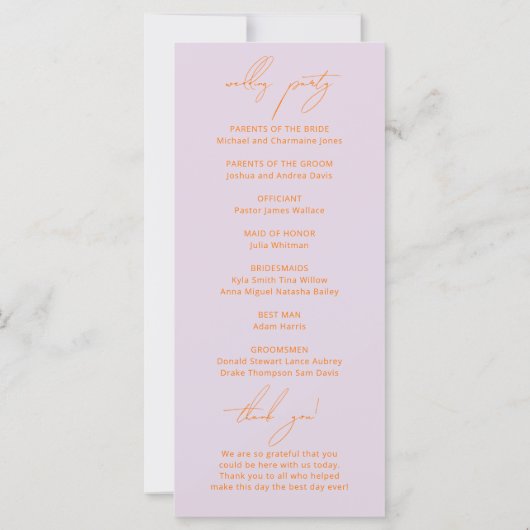 Lila und lebendige Orange Moderne Hochzeitsprogram (Rückseite)