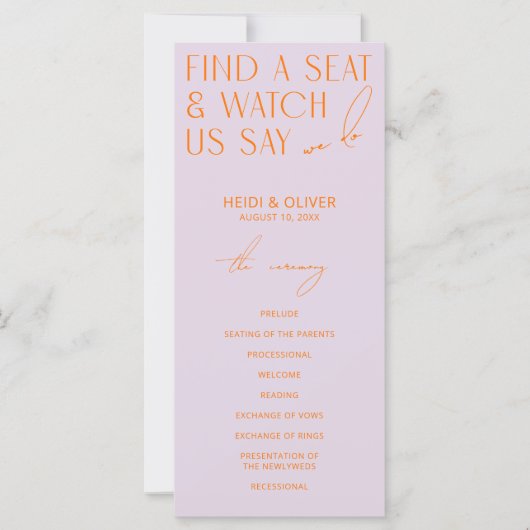 Lila und lebendige Orange Moderne Hochzeitsprogram (Vorderseite)