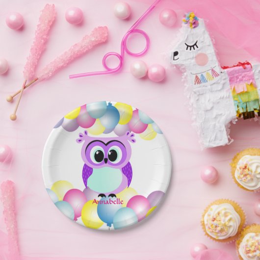 Lila und lila Mutter- und Babyeulen-Cartoon Pappteller (Party)