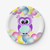 Lila und lila Mutter- und Babyeulen-Cartoon Pappteller (Vorderseite)