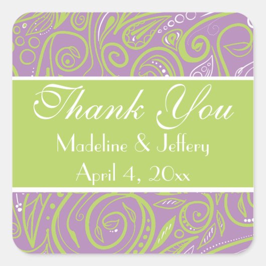lila und Limone Paisley-Hochzeit Quadratischer Aufkleber (Vorderseite)