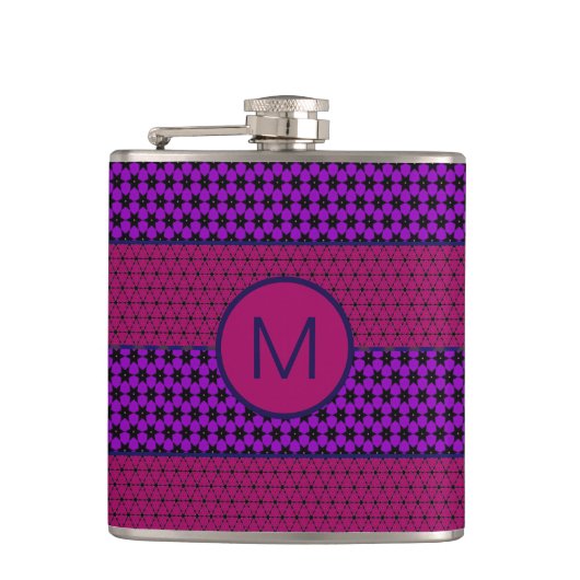 Lila und Magenta Muster gestreifte Monogramm Flachmann (Vorderseite)