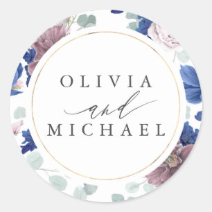 Lila und Marineblaue Florale Hochzeitssiegel Runder Aufkleber