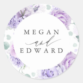 Lila und mauve florale botanische Hochzeit Runder Aufkleber