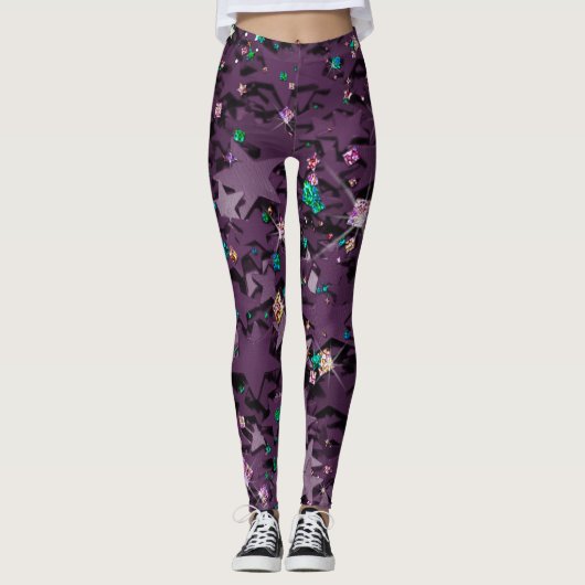 Lila und mehrfarbige Funkelnd Sterne Leggings (Vorderseite)
