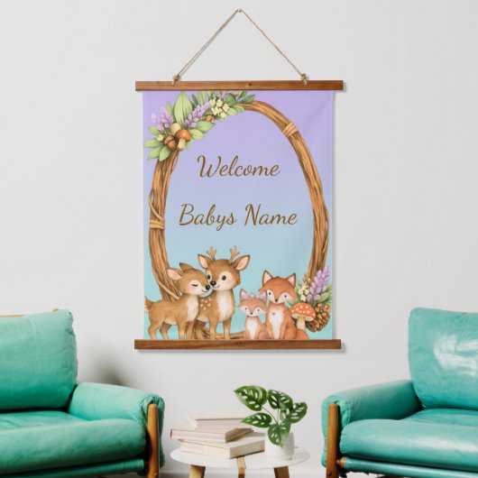Lila und Mint Waldtiere Wandteppich Mit Holzrahmen (Wohnzimmer)