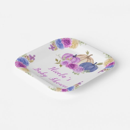Lila und Navy Blue Floral Pumpkins Baby Dusche Pappteller (Gewinkelt)