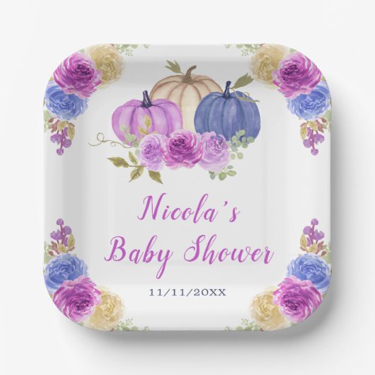 Lila und Navy Blue Floral Pumpkins Baby Dusche Pappteller (Vorderseite)