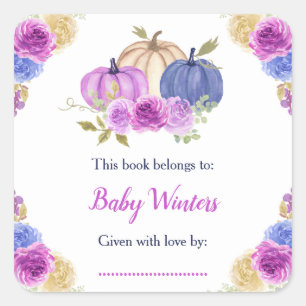 Lila und Navy Blue Floral Pumpkins Baby Dusche Quadratischer Aufkleber