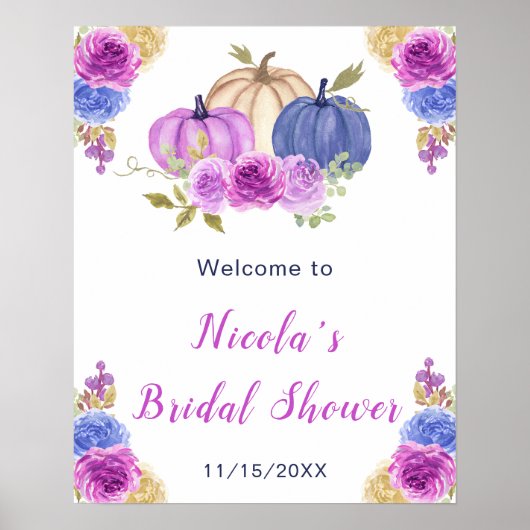 Lila und Navy Blue Floral Pumpkins Bridal Poster (Vorne)
