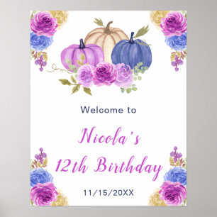Lila und Navy Blue Floral Pumpkins Geburtstag Poster