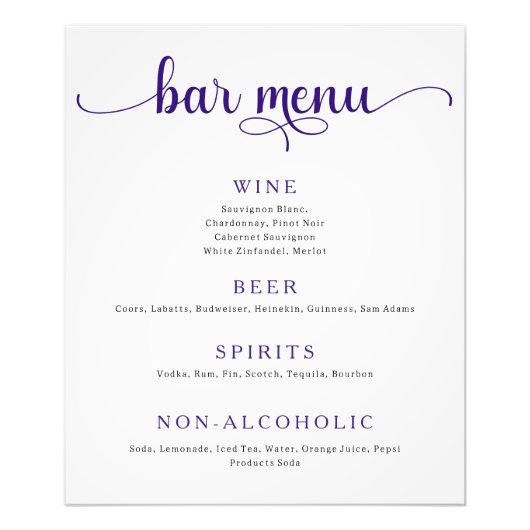 Lila und Off White Wedding Bar Menu Poster (Vorne)