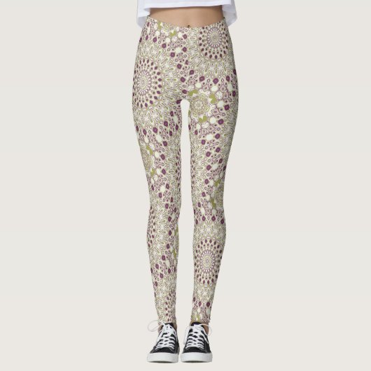 Lila und Olive Geometric Mandala Pattern Leggings (Vorderseite)