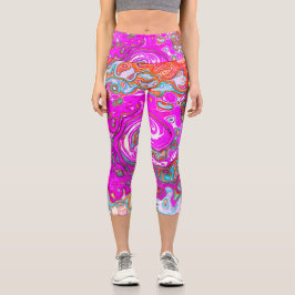 Lila und Orange Groovy Abstrakt Retro Swirl Capri Leggings