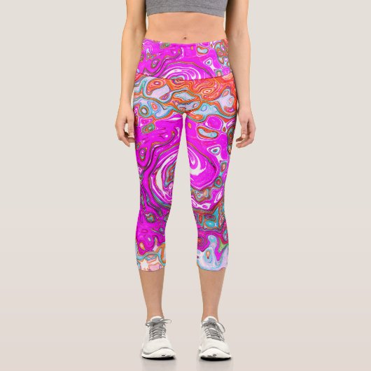 Lila und Orange Groovy Abstrakt Retro Swirl Capri Leggings (Vorderseite)