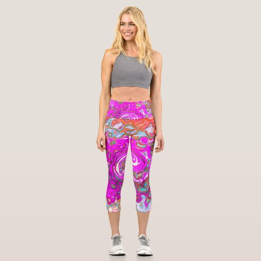 Lila und Orange Groovy Abstrakt Retro Swirl Capri Leggings (Vorderseite)