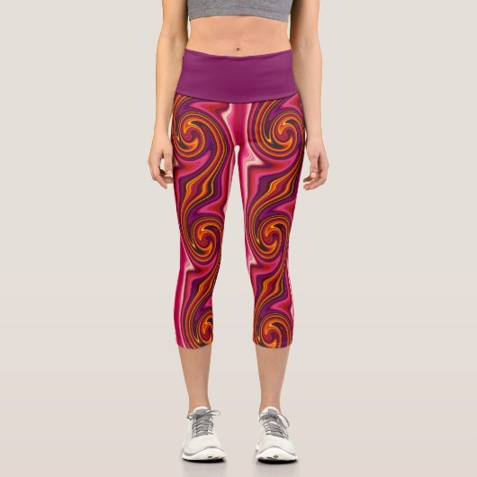Lila und Orange Swirl Cool Abstrakt Psychedelic Capri Leggings (Vorderseite)