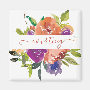 Lila und orange Wasserfarbe floral personalisiert  Magnet