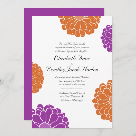 Lila und Orange Zinnia Blume Einladung Hochzeit (Vorne/Hinten)