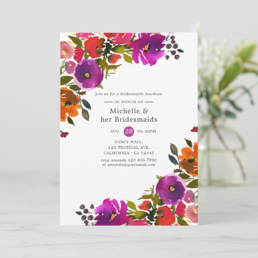 Lila und orangefarbene Bridesmaids Luncheon Einladung (Stehend Vorderseite)