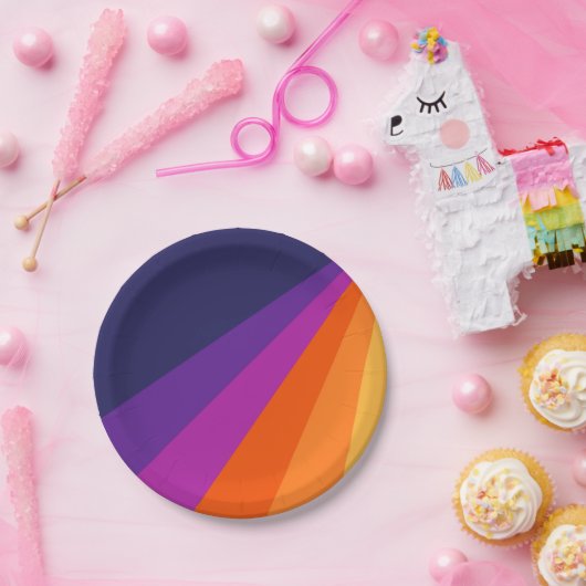 Lila und orangefarbene diagonale Retrostreifen Pappteller (Party)