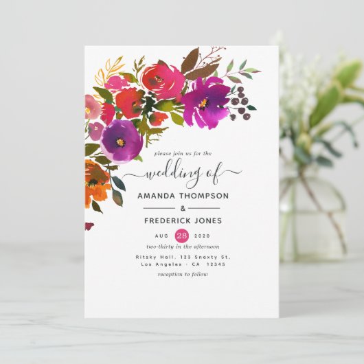 Lila und orangefarbene Hochzeit Einladung (Stehend Vorderseite)