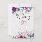 Lila und orangefarbene Hochzeit mit Blumen Einladung (Vorderseite)