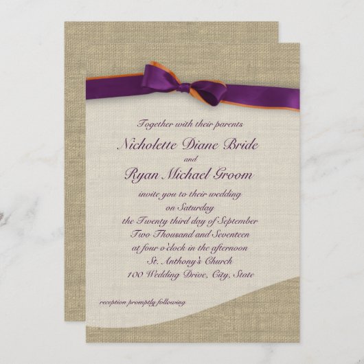 Lila und orangefarbene Hochzeit und Burlap Einladung (Vorne/Hinten)