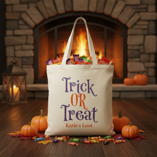 Lila und orangefarbener Halloween-Trick oder -Beha Tragetasche