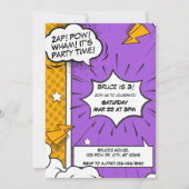 Lila und orangefarbenes Comic Einladung zum Geburt (Vorderseite)