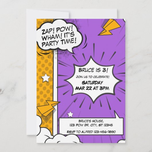 Lila und orangefarbenes Comic Einladung zum Geburt (Vorderseite)