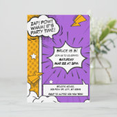 Lila und orangefarbenes Comic Einladung zum Geburt (Stehend Vorderseite)