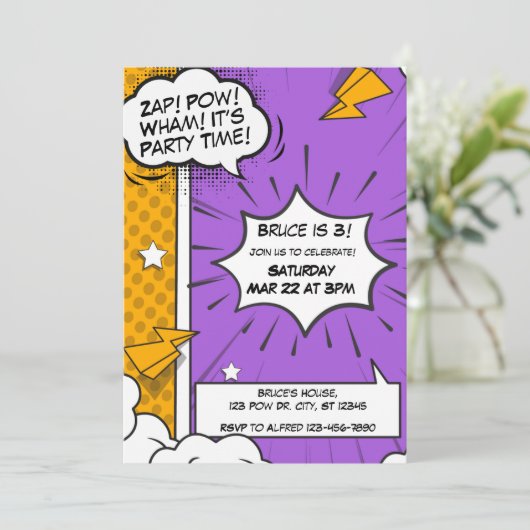 Lila und orangefarbenes Comic Einladung zum Geburt (Stehend Vorderseite)