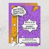 Lila und orangefarbenes Comic Einladung zum Geburt (Vorne/Hinten)
