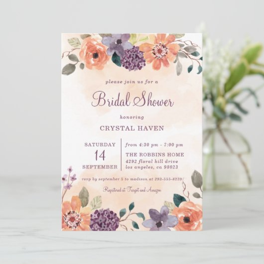 Lila und orangefarbenes Herbst-Brautparty Einladung (Stehend Vorderseite)