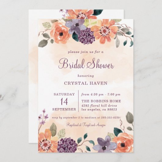 Lila und orangefarbenes Herbst-Brautparty Einladung (Vorne/Hinten)