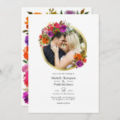 Lila und orangefarbenes HochzeitsFoto Einladung (Vorne/Hinten)