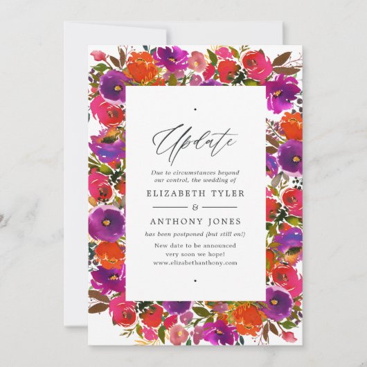 Lila und orangefarbenes Hochzeitsupdate Einladung (Vorderseite)