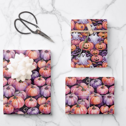 Lila und orangefarbenes Pattern Geschenkpapier Set (Vorderseite)