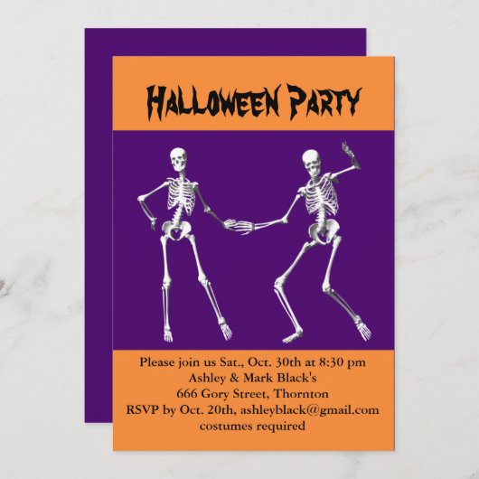 Lila und Orangefarbenes Skeletons-Kostüm-Party Einladung (Vorne/Hinten)