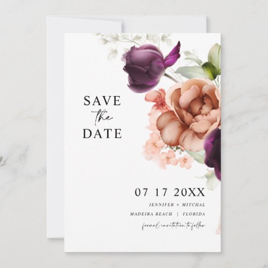 Lila und Peach Blume Save the Date Karte (Vorderseite)