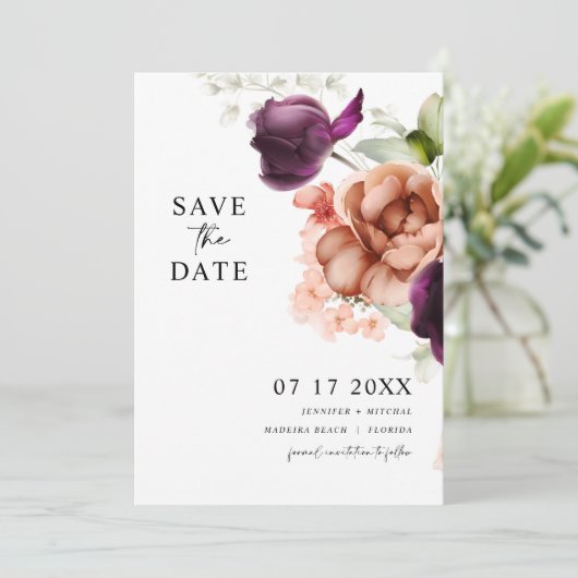 Lila und Peach Blume Save the Date Karte (Stehend Vorderseite)