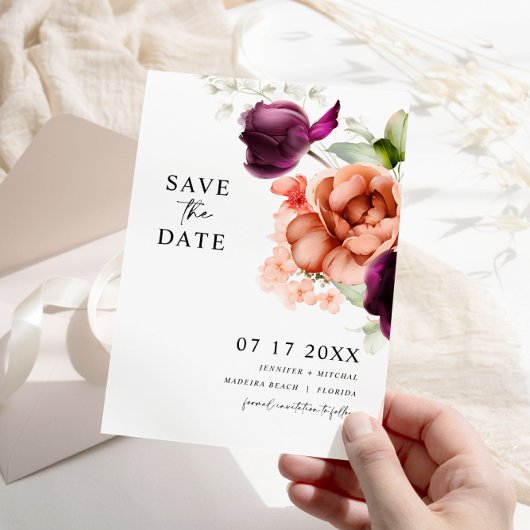 Lila und Peach Blume Save the Date Karte