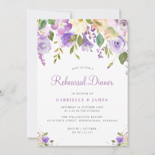 Lila und pfirsichfarbene Probe Einladung (Vorderseite)