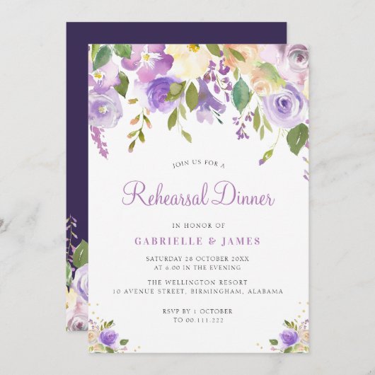 Lila und pfirsichfarbene Probe Einladung (Vorne/Hinten)