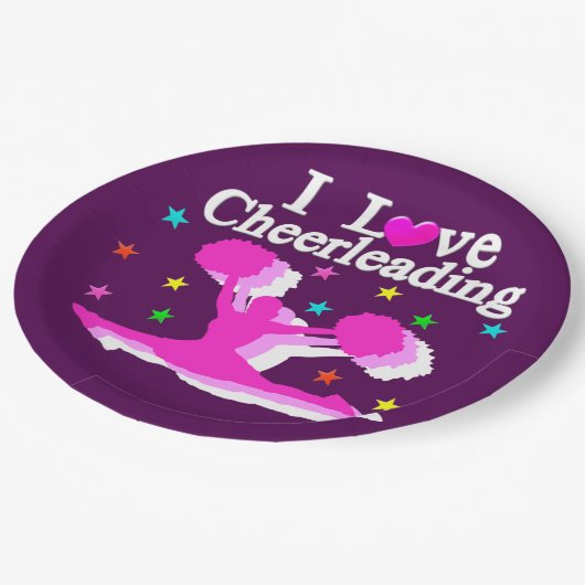 LILA UND PINK I LIEBE CHEERLEADING PAPIER TELLER (Schrägansicht)
