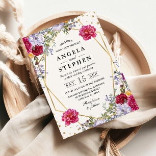 Lila und Red Summer Blume Gold Frame Wedding Einladung