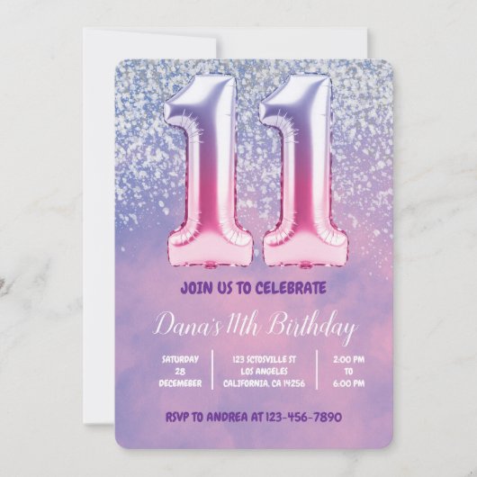 Lila und rosa 11. Geburtstagsballon Einladung (Vorderseite)